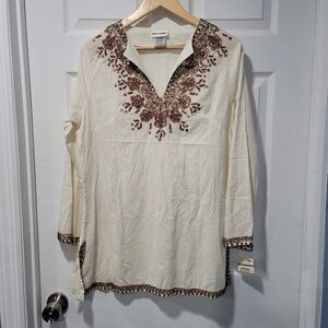 rhona sutton tunic style shirt size L 100% cotton with embroidery on the front c